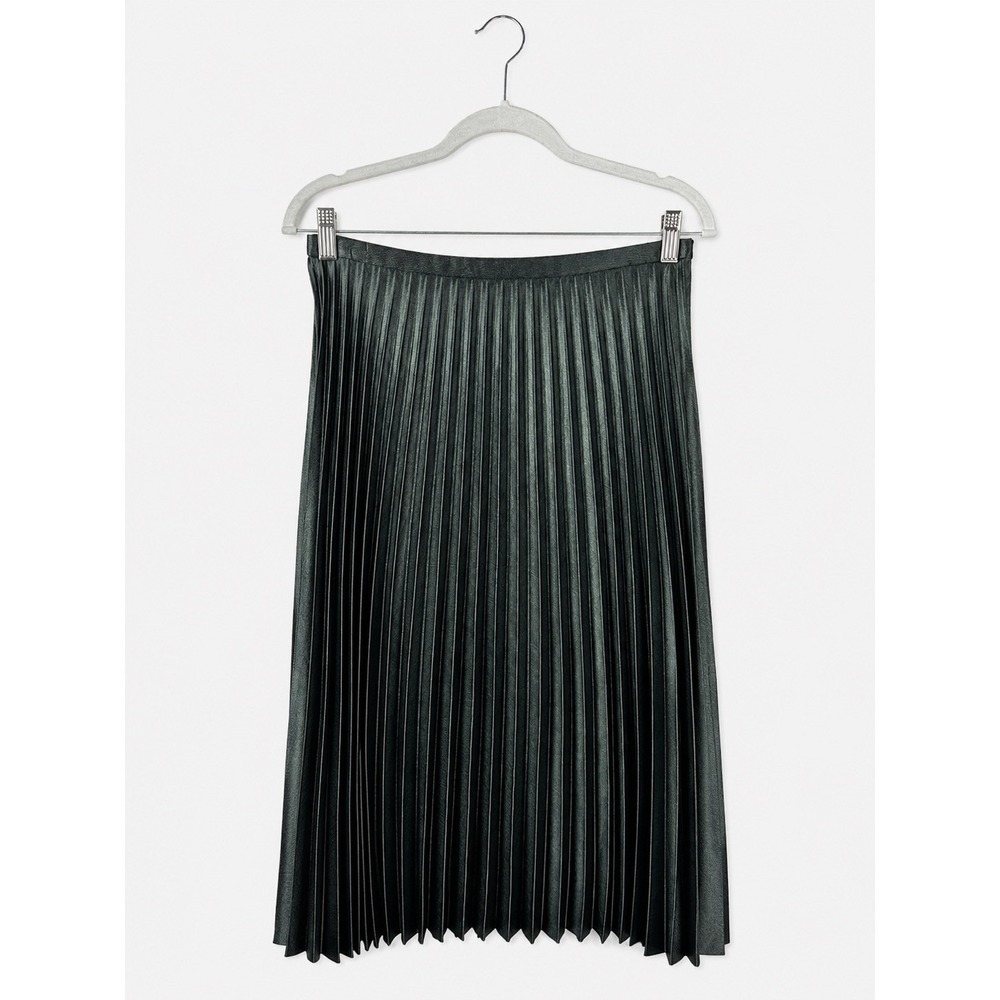 Zara Pleated Midi Skirt Hunter Green Metallic Faux Leather Accordion Large